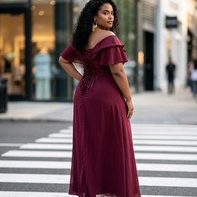 Burgundy Wine Lace Up Back Gown with Flutter Sleeves, Size 16