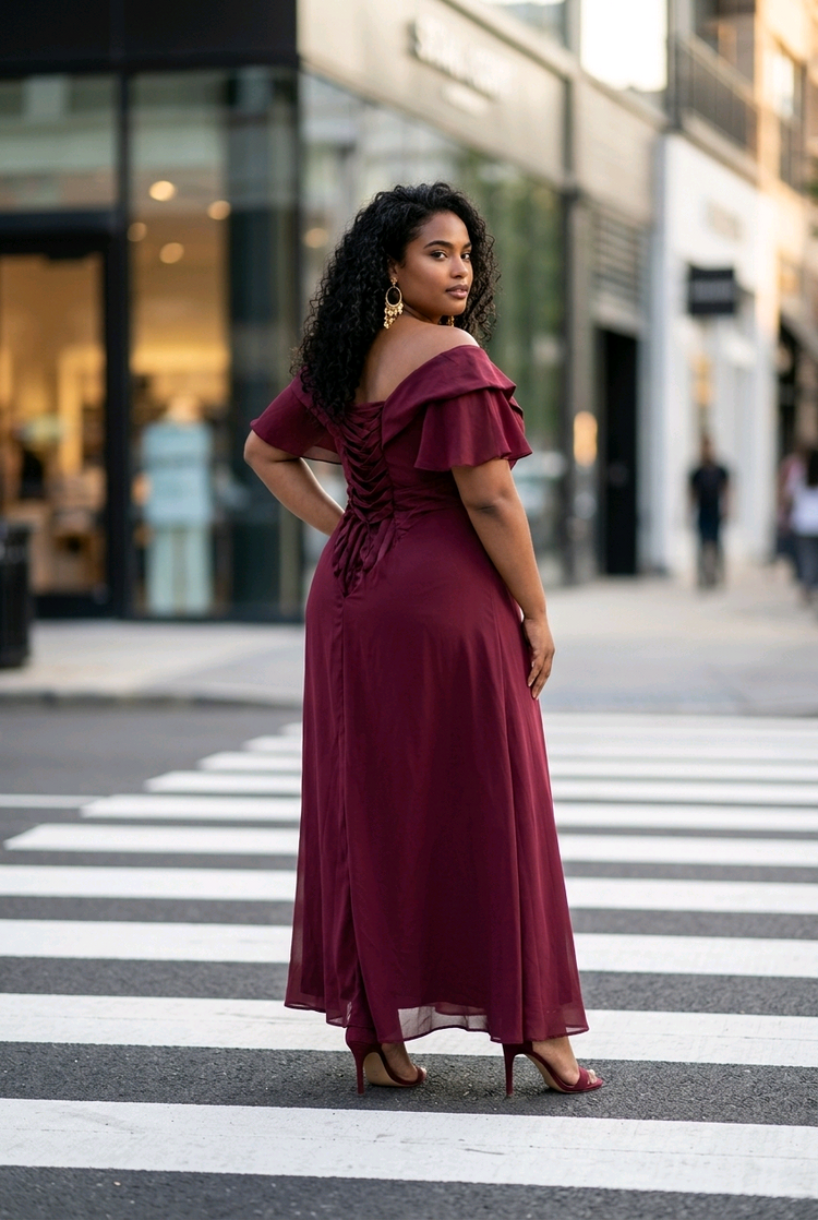 Burgundy Wine Lace Up Back Gown with Flutter Sleeves, Size 16