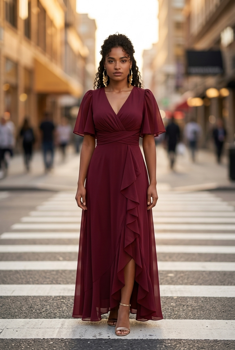 Burgundy Wine Lace Up Back Gown with Flutter Sleeves, Size 16