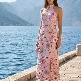 Pink Floral Applique Dress, Size S