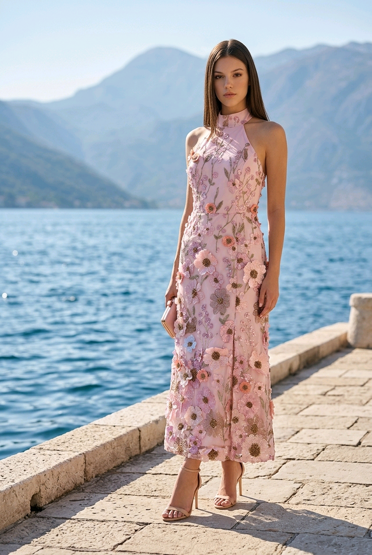 Pink Floral Applique Dress, Size S