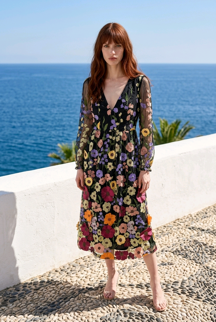 Black Floral Applique Dress w/Long Sleeves, Size L