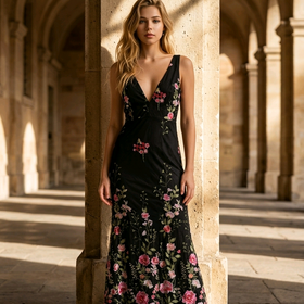 Black Gown w/ Floral Embroidery, Size M