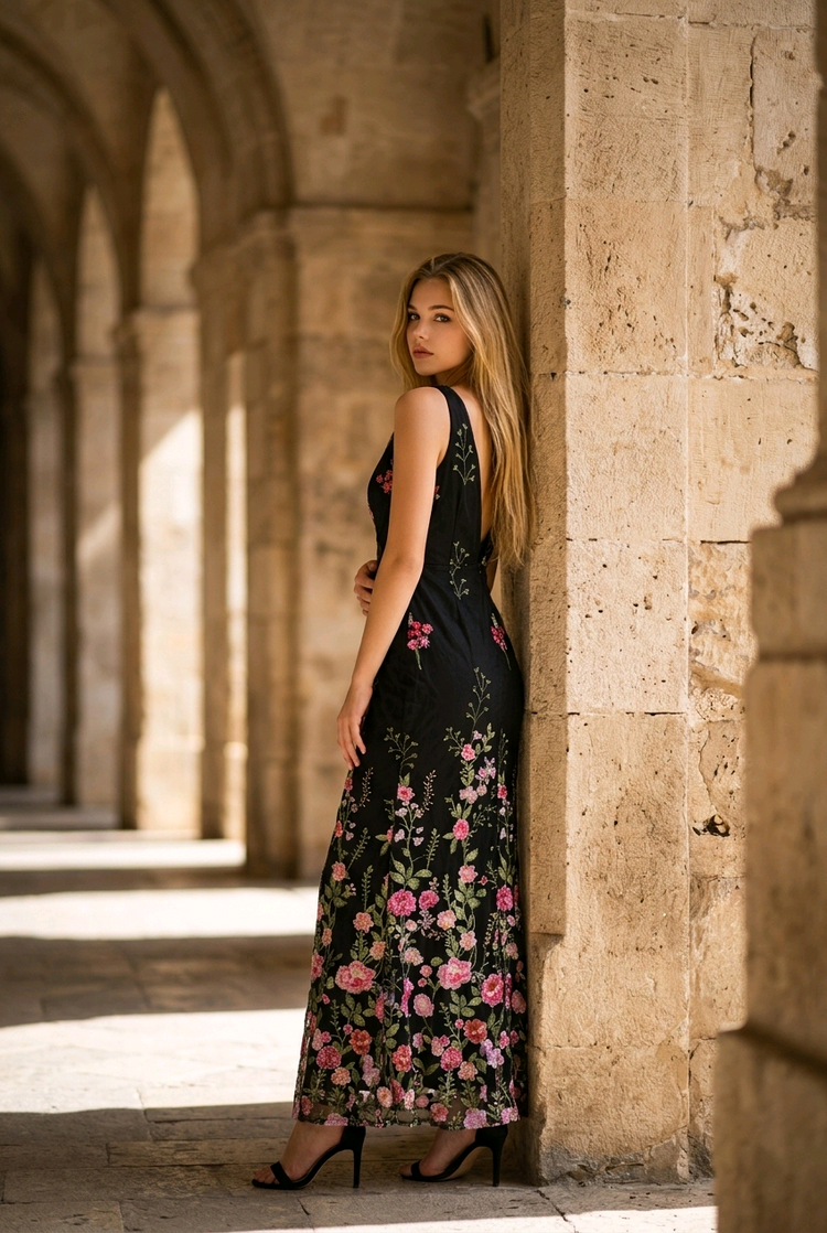 Black Gown w/ Floral Embroidery, Size M