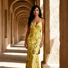 Yellow Gown with Floral Sequins, Size M