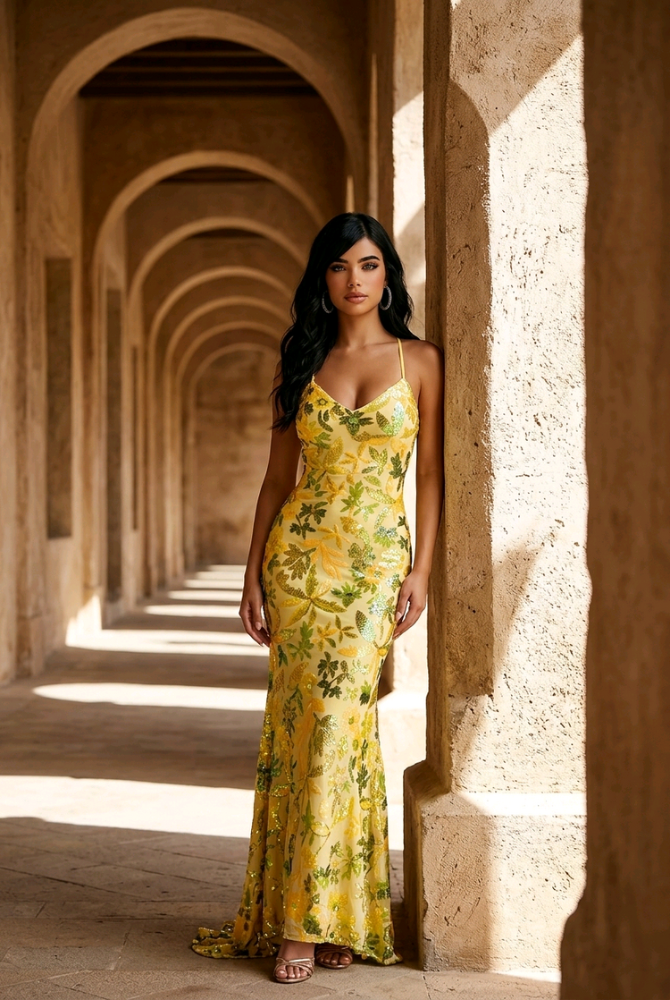 Yellow Gown with Floral Sequins, Size M