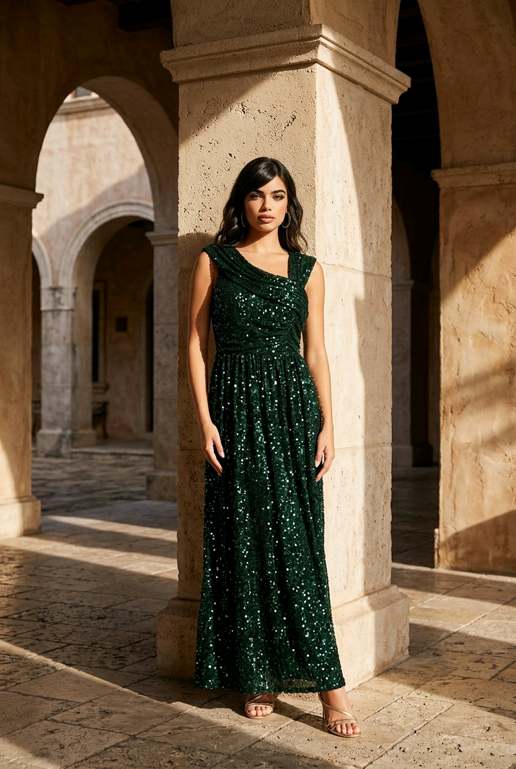 Emerald Green Velvet Sequined Gown, Size 14W