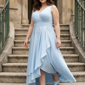 Pastel Blue Lace Up Back Flowy Gown, 16W