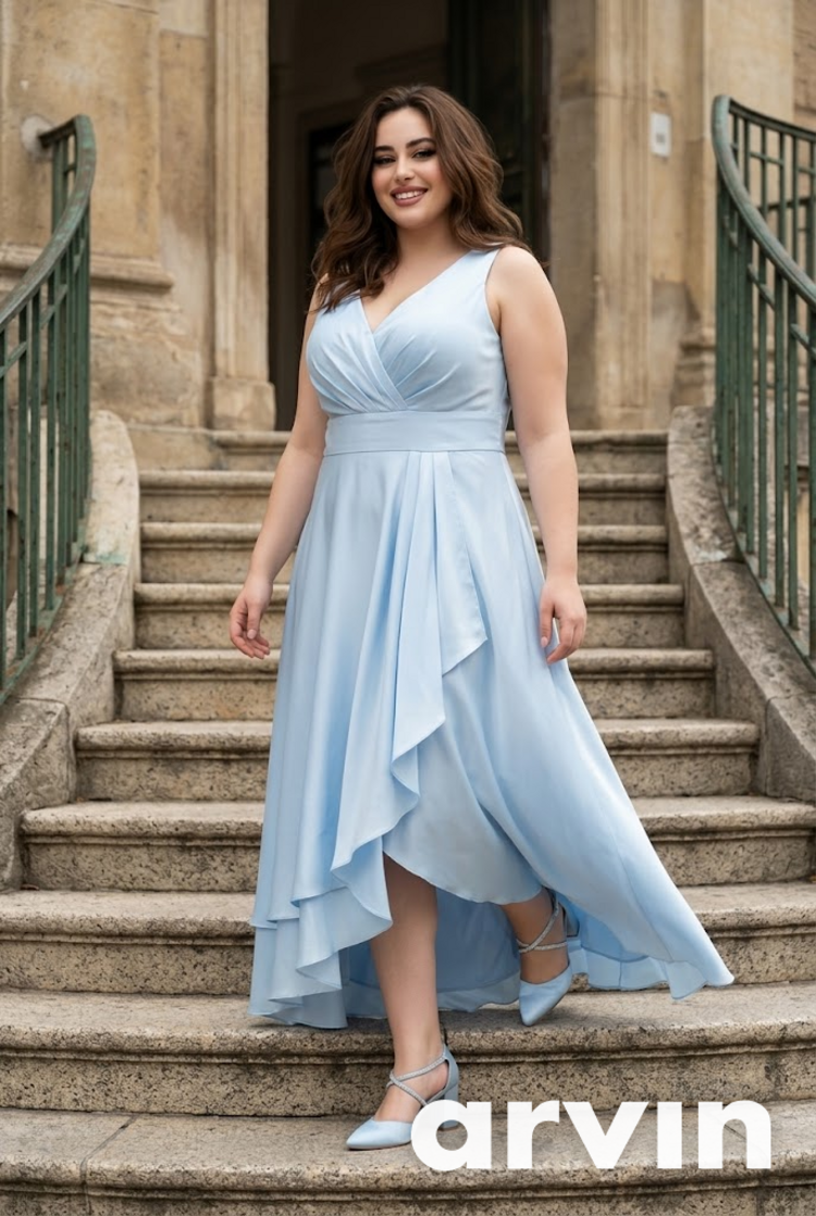 Pastel Blue Lace Up Back Flowy Gown, 16W