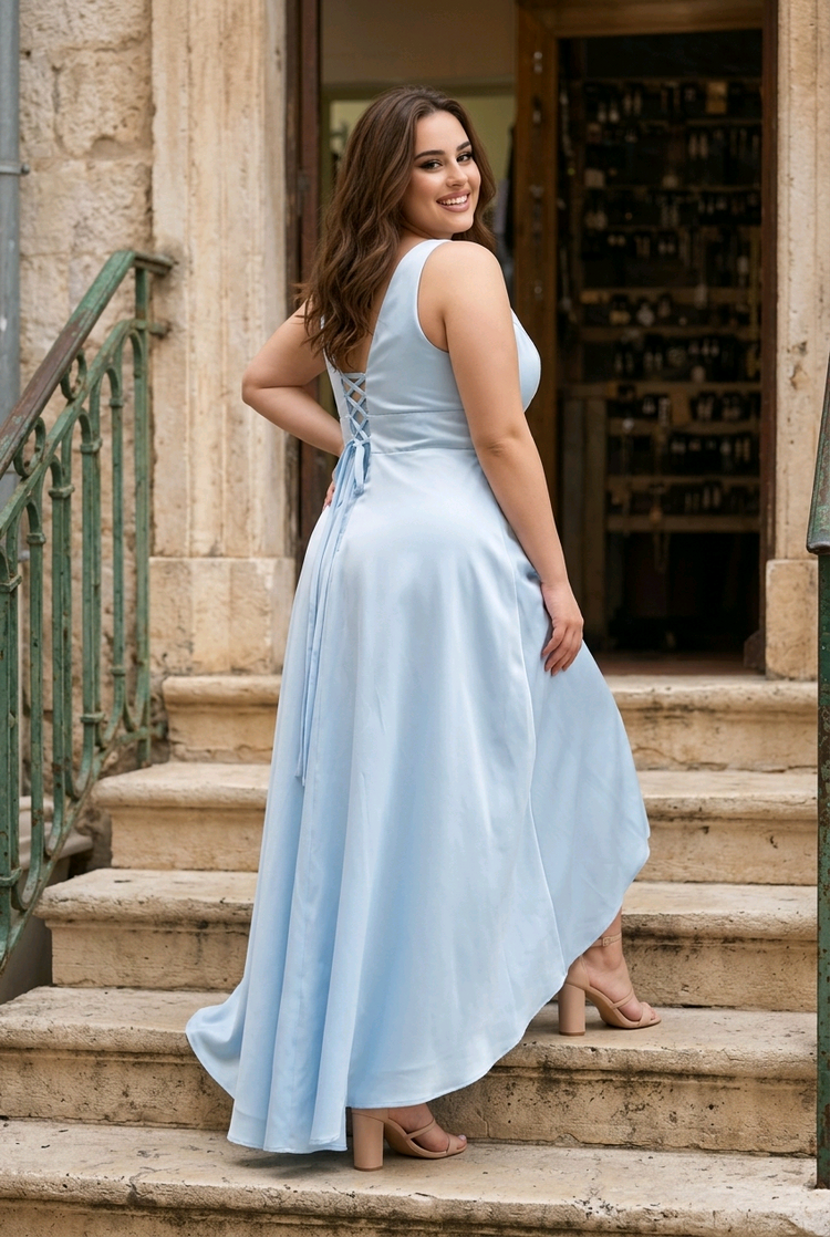 Pastel Blue Lace Up Back Flowy Gown, 16W