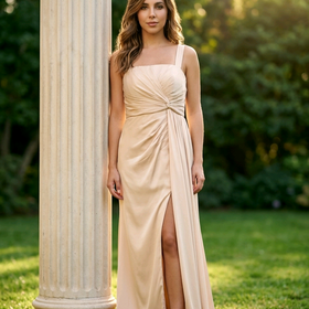 Beige Ruched Lace Up Back Gown, Size 6