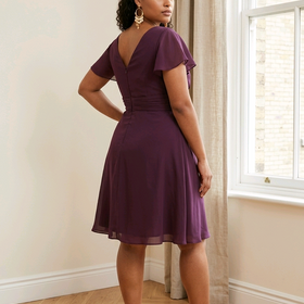 Purple Ruched Dress with Flutter Sleeves, Size 18