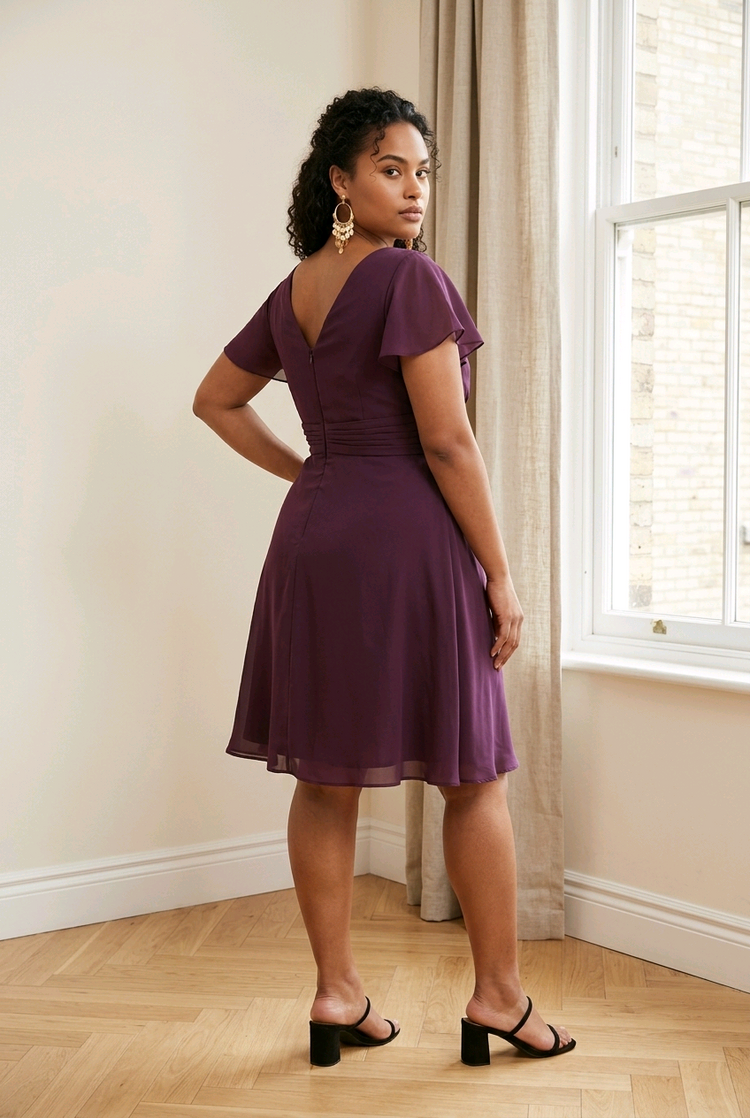 Purple Ruched Dress with Flutter Sleeves, Size 18