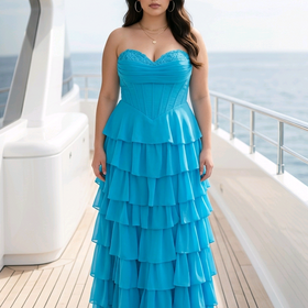 Peacock Blue Corset Bodice with 8 Tier Ruffled Skirt, Size 24W