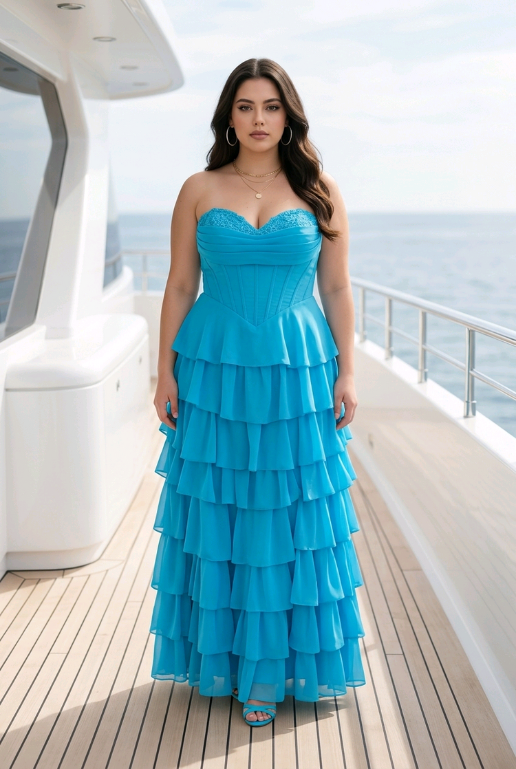 Peacock Blue Corset Bodice with 8 Tier Ruffled Skirt, Size 24W