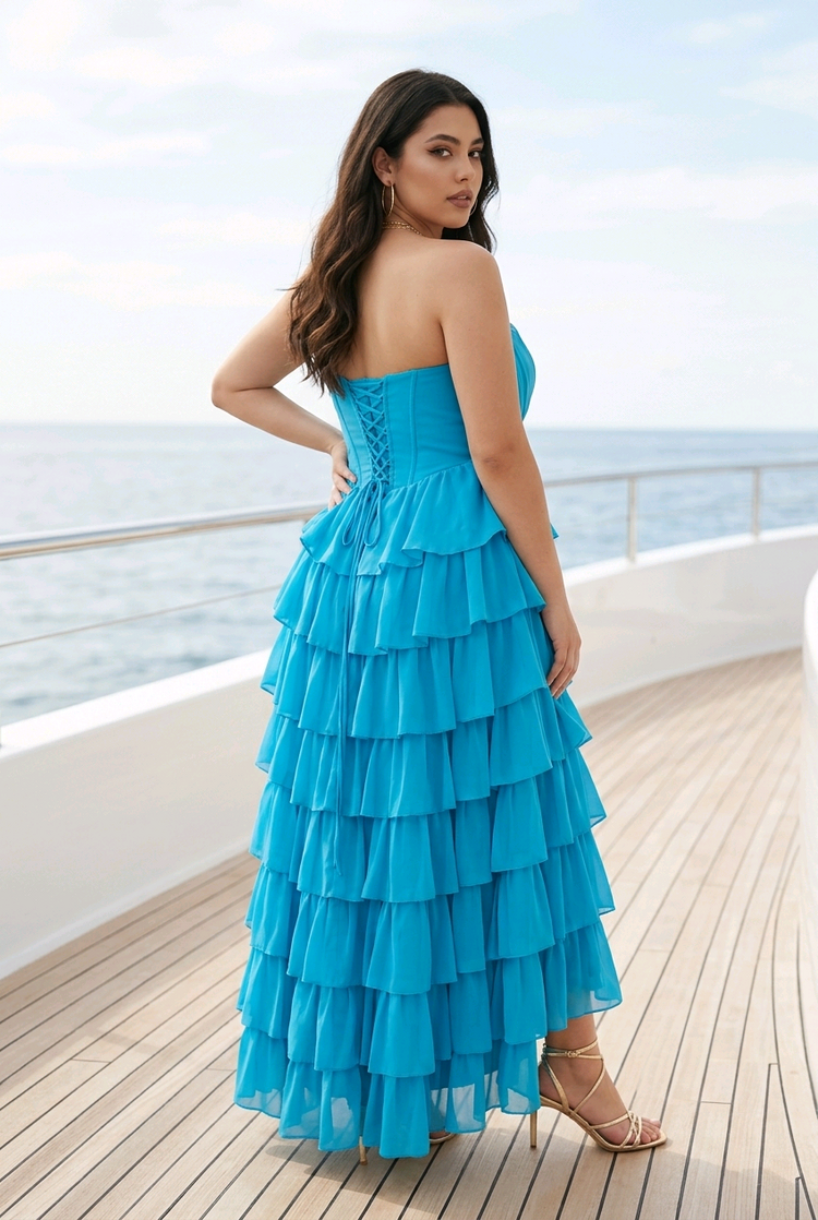 Peacock Blue Corset Bodice with 8 Tier Ruffled Skirt, Size 24W