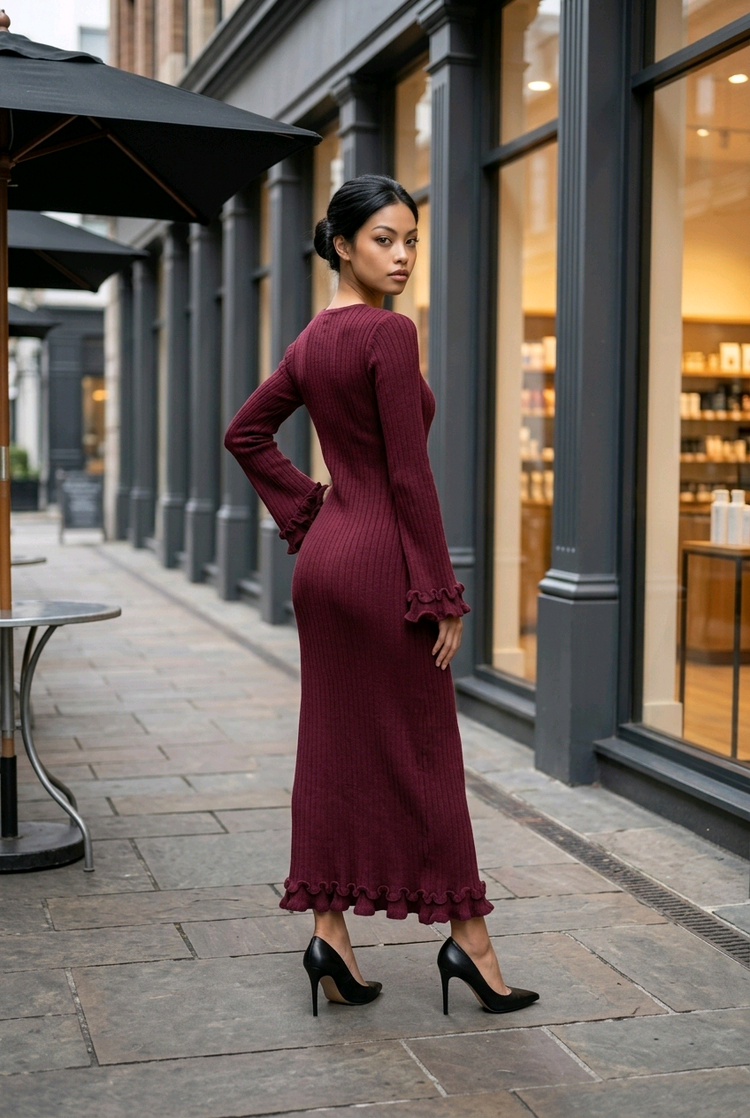 Burgundy Wine Long Sleeve Sweater Gown, Size M