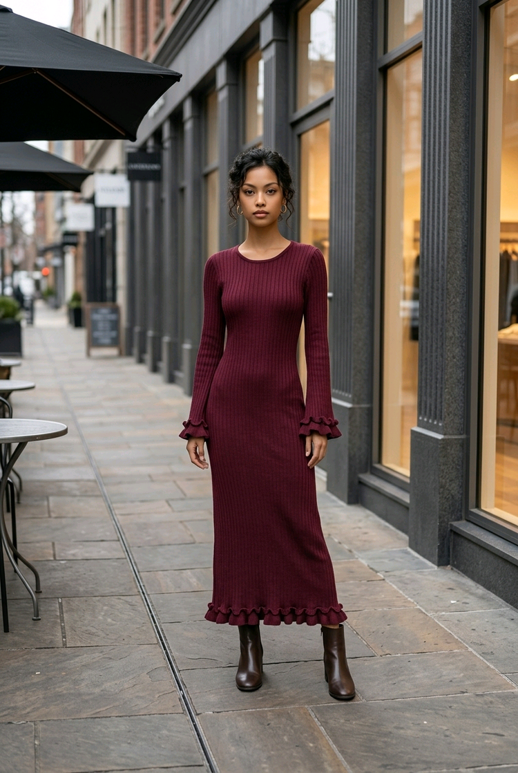 Burgundy Wine Long Sleeve Sweater Gown, Size M