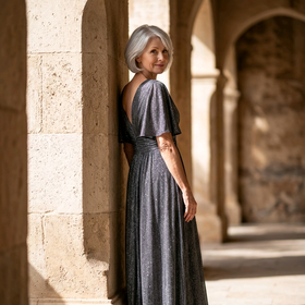 Silver & Black Shimmer Lace Up Back Gown w/ Flutter Sleeves, Size L