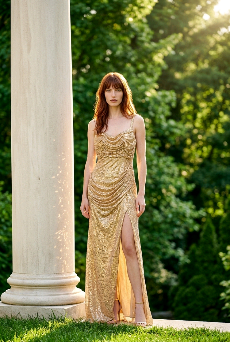 Gold Fully Sequined Gown with Side Slit, Size 14