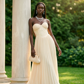 Pale Yellow Pleated Lace Up Back Strapless Gown, Size 1