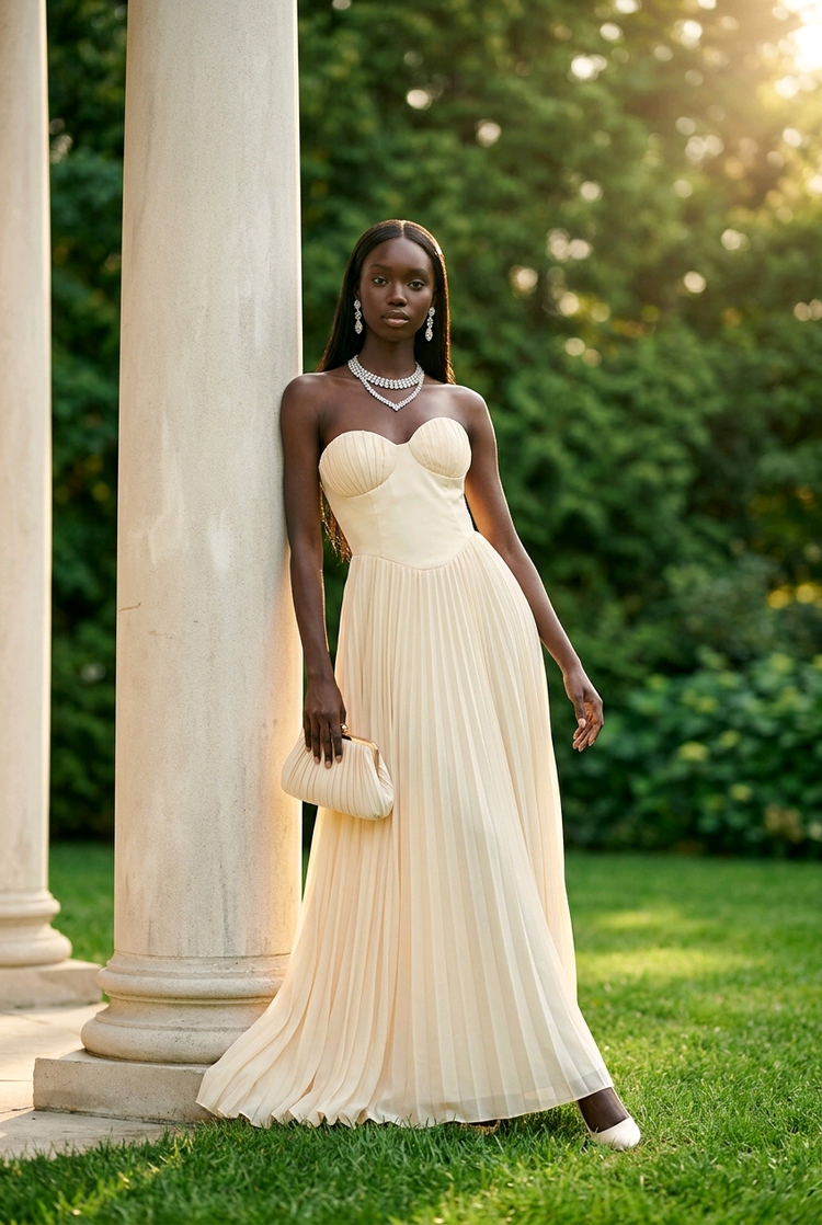 Pale Yellow Pleated Lace Up Back Strapless Gown, Size 1