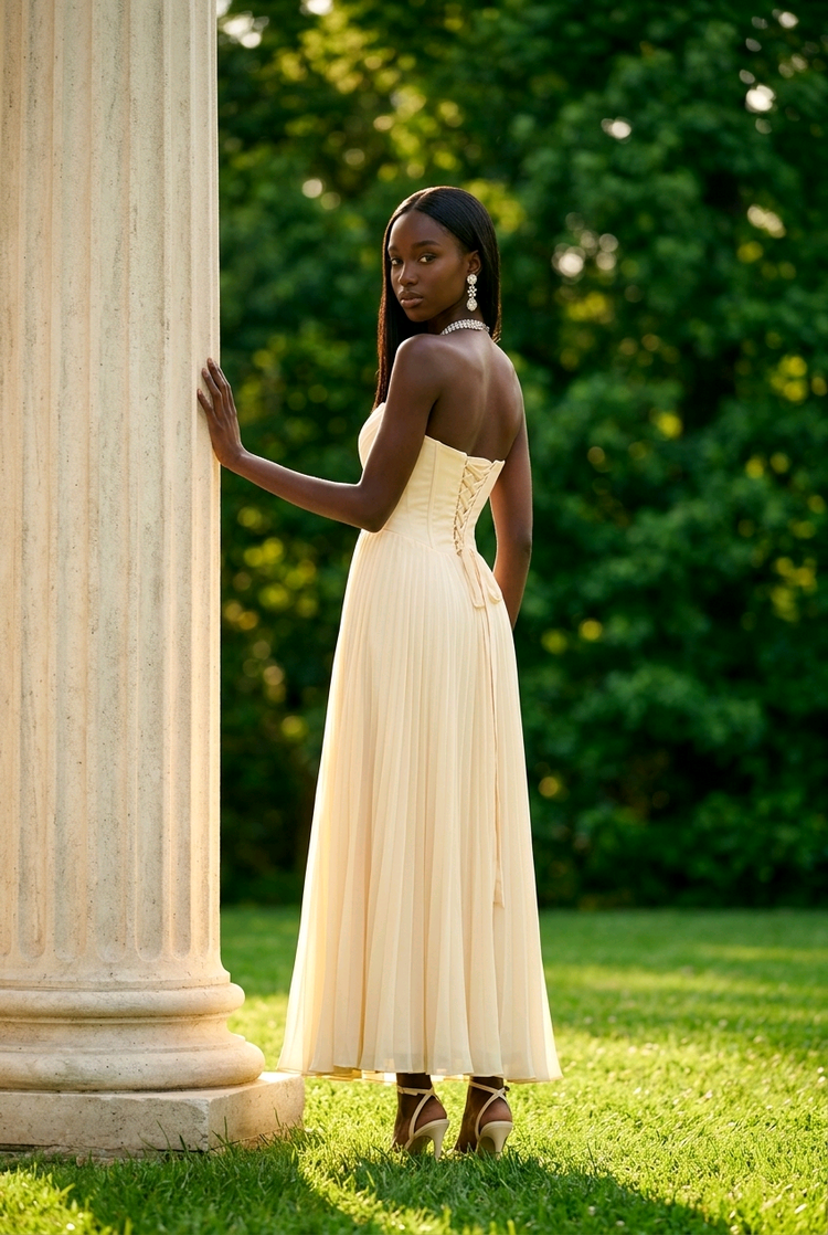 Pale Yellow Pleated Lace Up Back Strapless Gown, Size 1