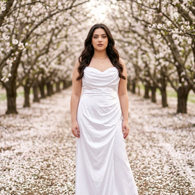 White Satiny Ruched Gown with Lace Up Back, Size 12