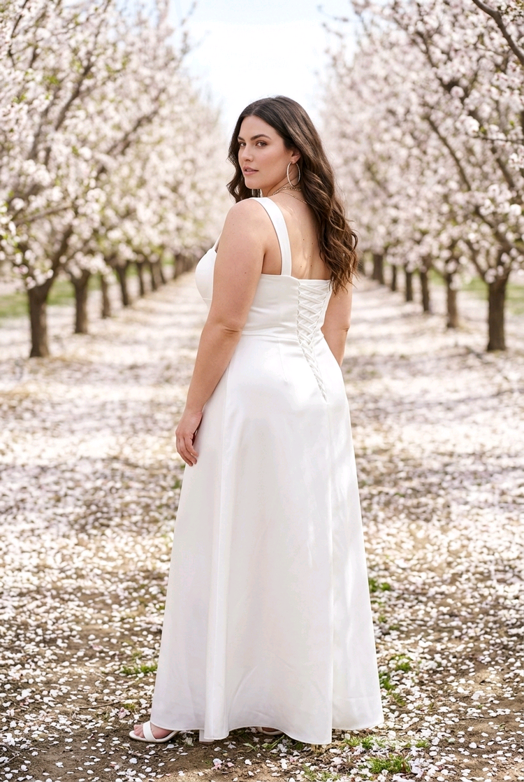 White Satiny Ruched Gown with Lace Up Back, Size 12