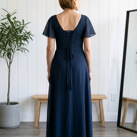 Navy Ruched Waist Lace Up Back Gown with Flutter Sleeves, Size 20
