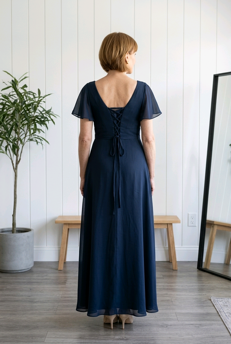 Navy Ruched Waist Lace Up Back Gown with Flutter Sleeves, Size 20
