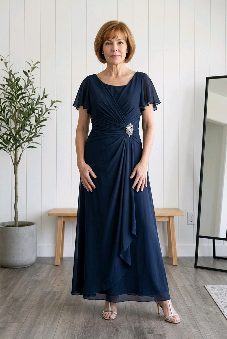 Navy Ruched Waist Lace Up Back Gown with Flutter Sleeves, Size 20