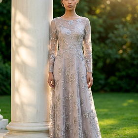 Taupe Mesh Floral Overlay with 3/4 Sleeves, Size M