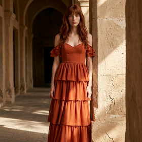 Terracotta Ruffled Gown with Lace Up Back, Size 8