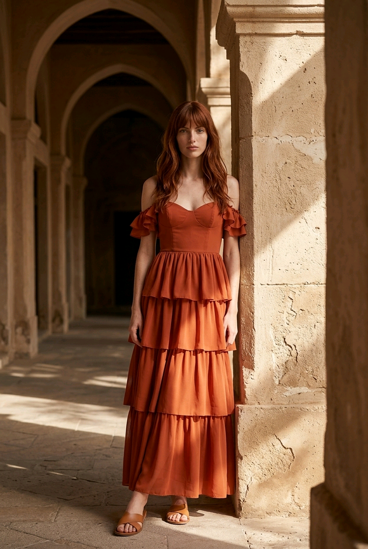 Terracotta Ruffled Gown with Lace Up Back, Size 8