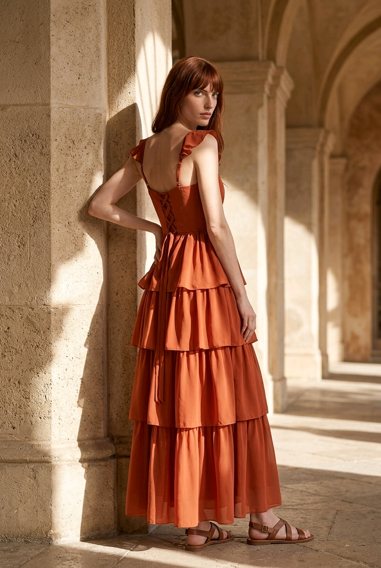 Terracotta Ruffled Gown with Lace Up Back, Size 8