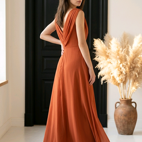 Terracotta Gown with Pleated and Embellished Bodice, Size 10