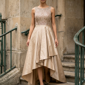 Adrianna Papell Bronze Gold Beaded Bodice Gown with High-Low Skirt, Size 2