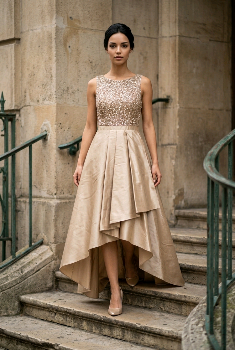 Adrianna Papell Bronze Gold Beaded Bodice Gown with High-Low Skirt, Size 2