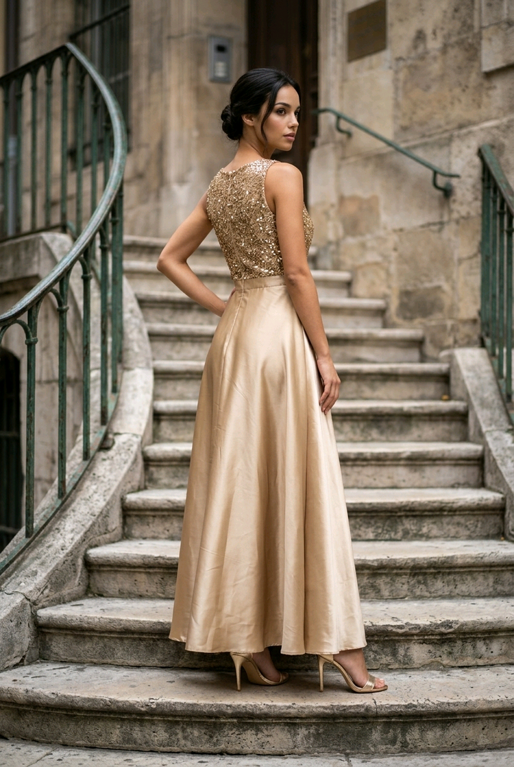 Adrianna Papell Bronze Gold Beaded Bodice Gown with High-Low Skirt, Size 2
