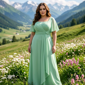 Celery Green Flowing Gown with Flutter Sleeves, Size 18