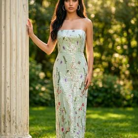 Sage Green Sequin Dress with Garden Print, Size L