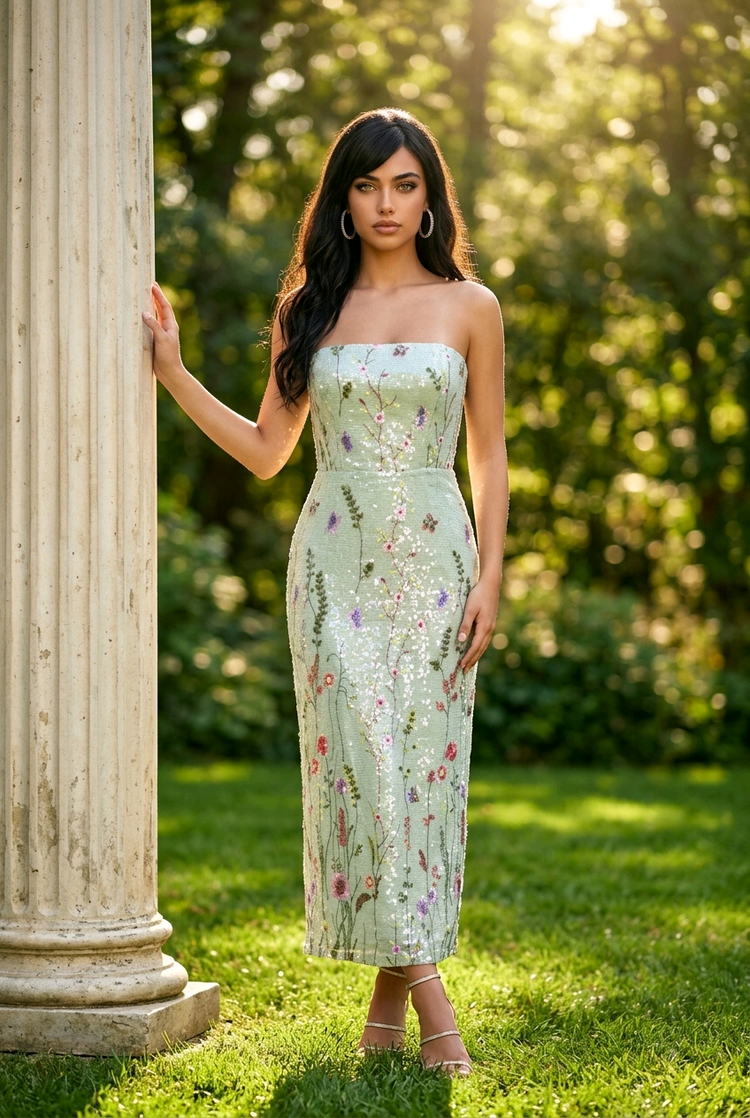 Sage Green Sequin Dress with Garden Print, Size L