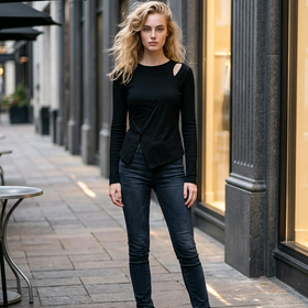 Black Top with Mock Vest Detail, Size Large