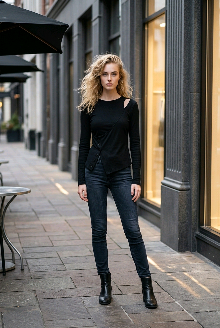 Black Top with Mock Vest Detail, Size Large