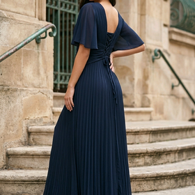 Navy Gown with Pleated Skirt  Lace Up Back and Flutter Sleeves, Size 20