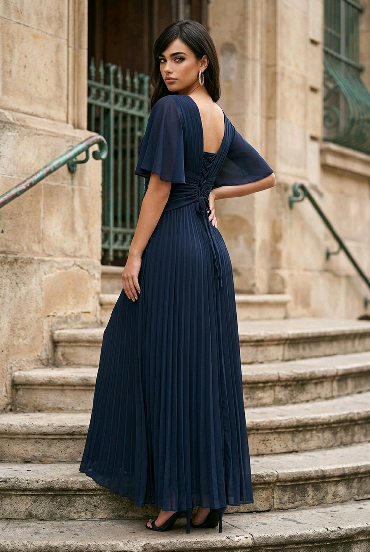 Navy Gown with Pleated Skirt  Lace Up Back and Flutter Sleeves, Size 20