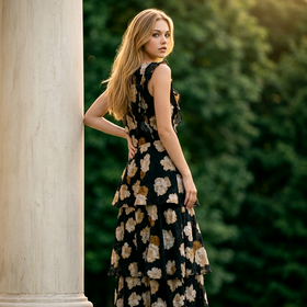 Black Floral Print 3 Tier Ruffle Gown, Size Large