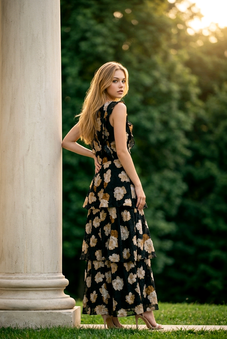 Black Floral Print 3 Tier Ruffle Gown, Size Large
