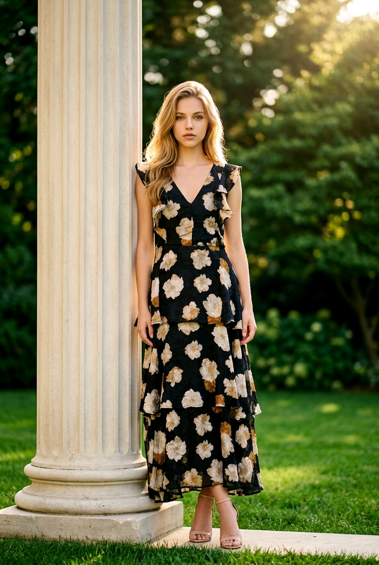 Black Floral Print 3 Tier Ruffle Gown, Size Large